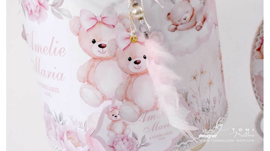 Trusou botez cu ursuleti si hortensii Teddy Bear Pink 7